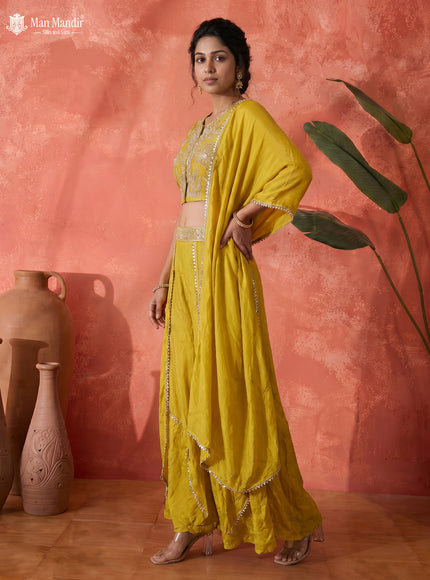 Lemon Yellow Raw Silk Satin Embroidered Croptop With Draped Skirt And Dupatta