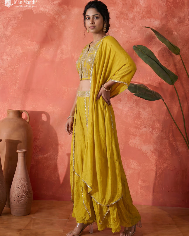 Lemon Yellow Raw Silk Satin Embroidered Croptop With Draped Skirt And Dupatta