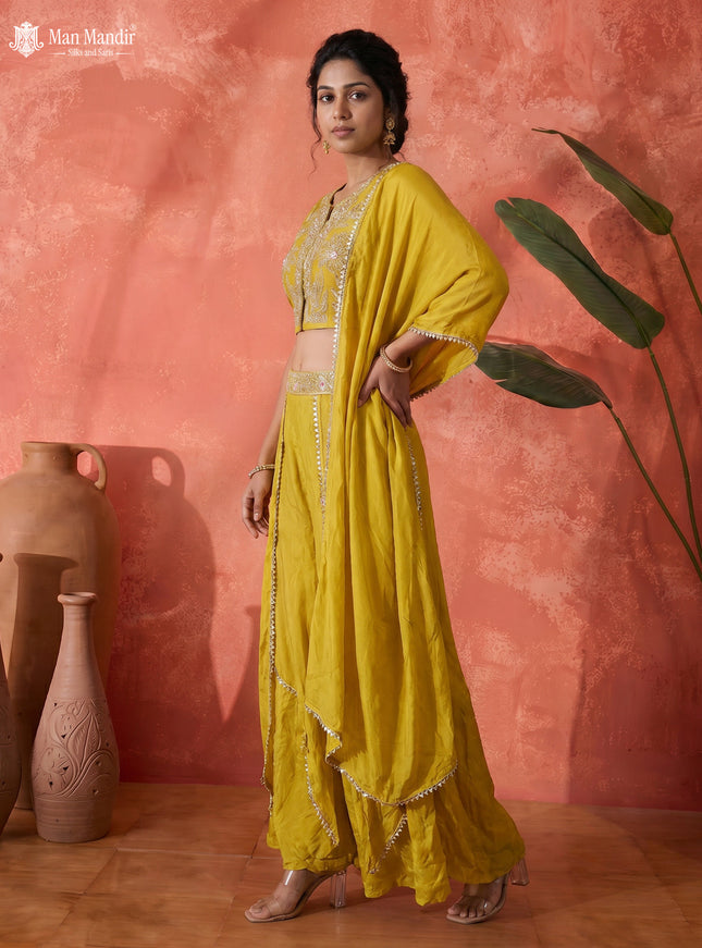 Lemon Yellow Raw Silk Satin Embroidered Croptop With Draped Skirt And Dupatta