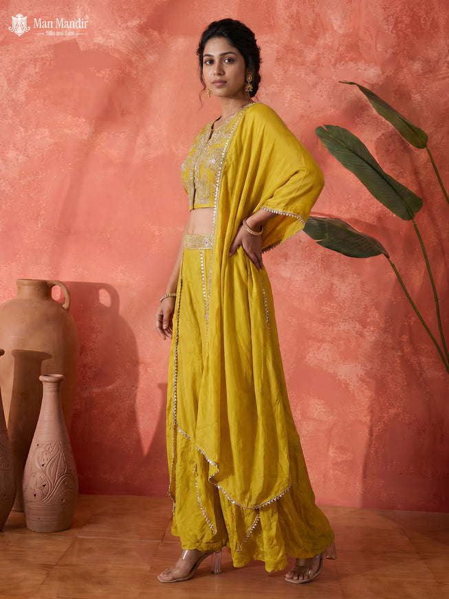 Lemon Yellow Raw Silk Satin Embroidered Croptop With Draped Skirt And Dupatta