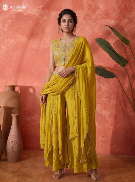 Lemon Yellow Raw Silk Satin Embroidered Croptop With Draped Skirt And Dupatta