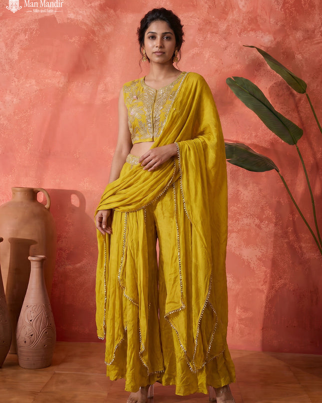 Lemon Yellow Raw Silk Satin Embroidered Croptop With Draped Skirt And Dupatta