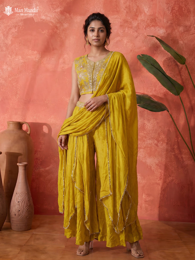Lemon Yellow Raw Silk Satin Embroidered Croptop With Draped Skirt And Dupatta