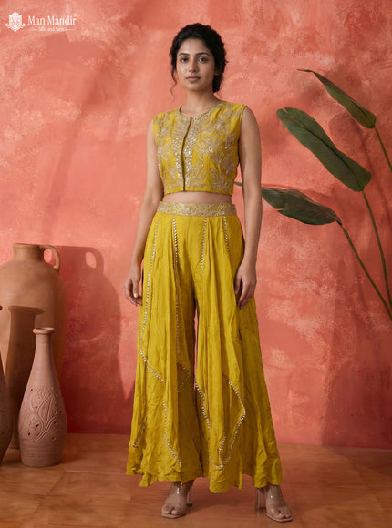 Lemon Yellow Raw Silk Satin Embroidered Croptop With Draped Skirt And Dupatta