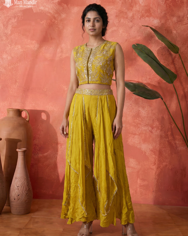 Lemon Yellow Raw Silk Satin Embroidered Croptop With Draped Skirt And Dupatta