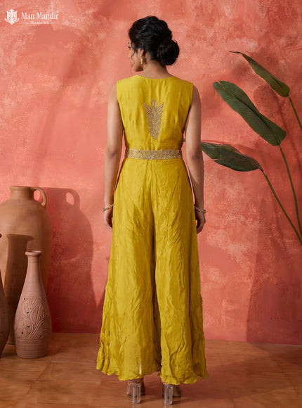 Lemon Yellow Raw Silk Satin Embroidered Croptop With Draped Skirt And Dupatta