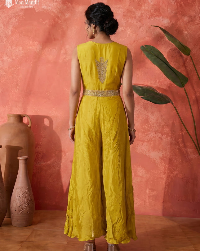 Lemon Yellow Raw Silk Satin Embroidered Croptop With Draped Skirt And Dupatta