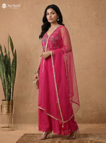 Rani Pink Raw Silk Satin Embroidered Croptop With Palazzo And Netted Dupatta