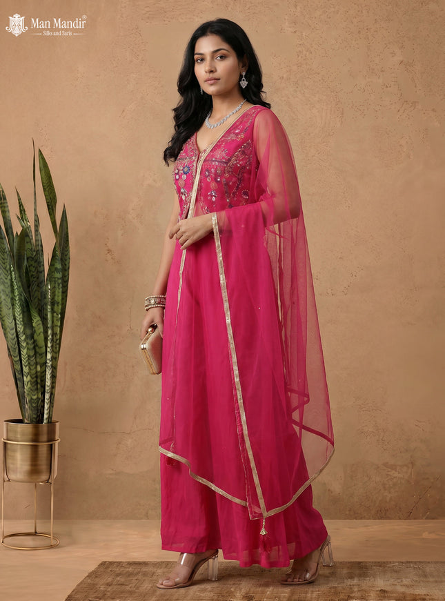Rani Pink Raw Silk Satin Embroidered Croptop With Palazzo And Netted Dupatta