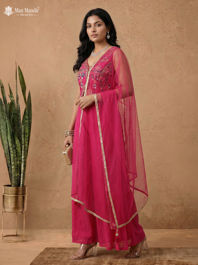 Rani Pink Raw Silk Satin Embroidered Croptop With Palazzo And Netted Dupatta