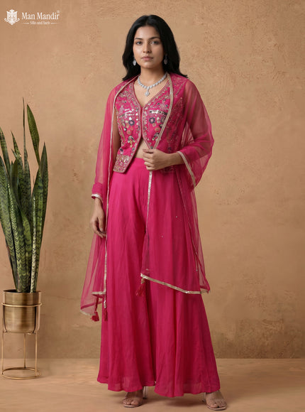 Rani Pink Raw Silk Satin Embroidered Croptop With Palazzo And Netted Dupatta