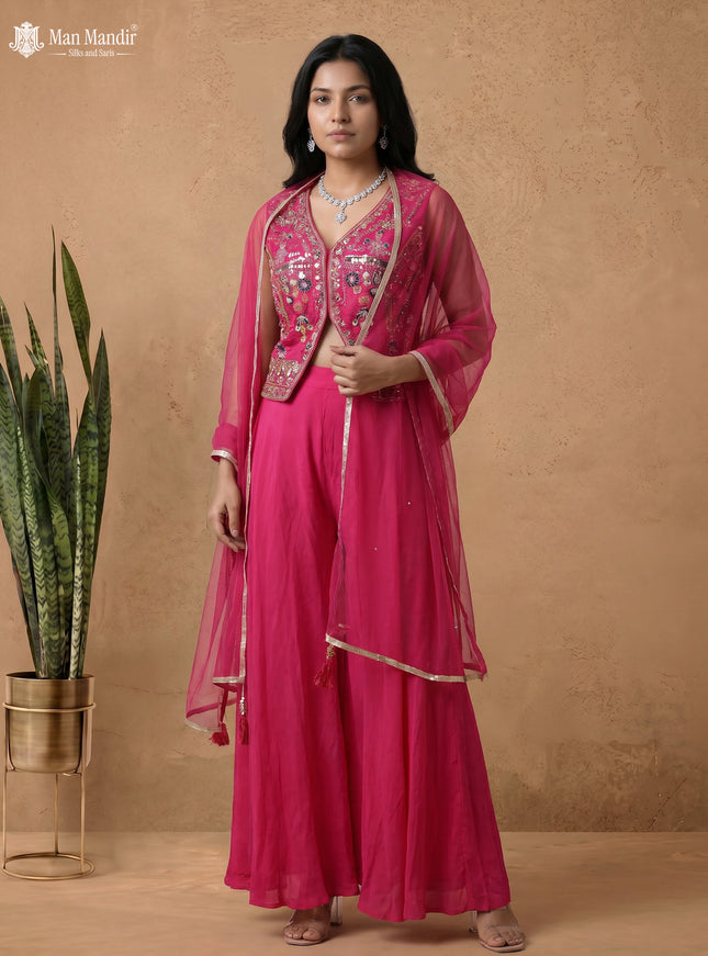 Rani Pink Raw Silk Satin Embroidered Croptop With Palazzo And Netted Dupatta