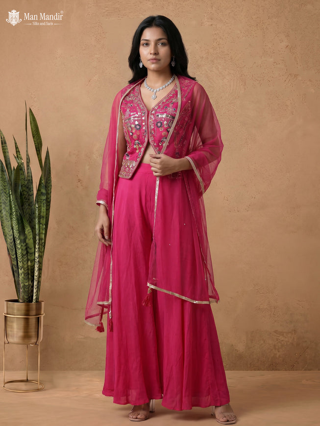 Rani Pink Raw Silk Satin Embroidered Croptop With Palazzo And Netted Dupatta
