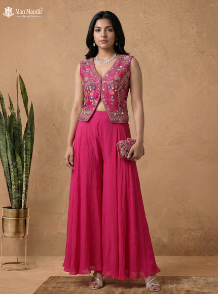 Rani Pink Raw Silk Satin Embroidered Croptop With Palazzo And Netted Dupatta