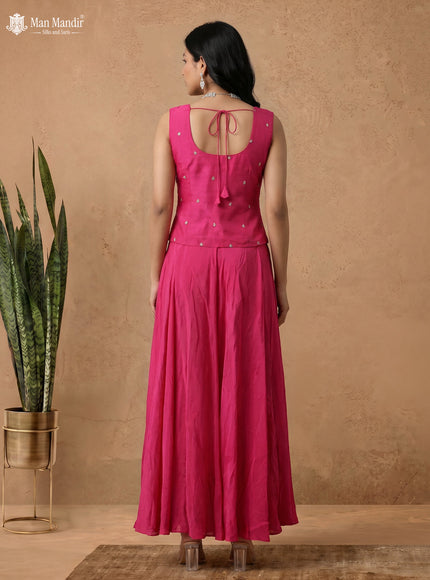 Rani Pink Raw Silk Satin Embroidered Croptop With Palazzo And Netted Dupatta