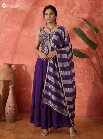 Violet Raw Silk Satin Embroidered Croptop With Draped Skirt And Organza Dupatta