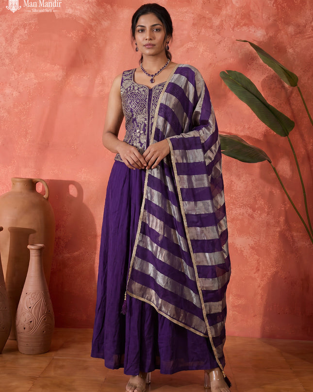 Violet Raw Silk Satin Embroidered Croptop With Draped Skirt And Organza Dupatta