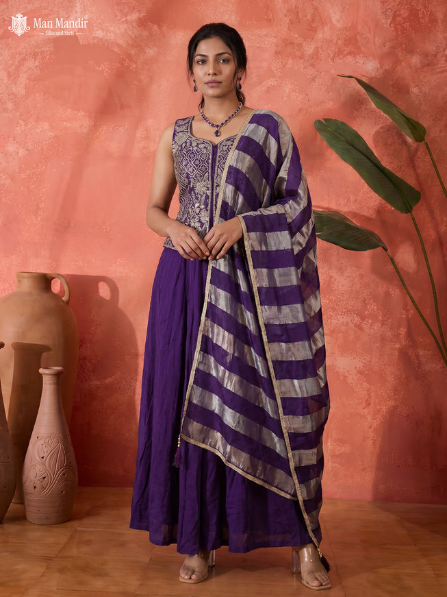 Violet Raw Silk Satin Embroidered Croptop With Draped Skirt And Organza Dupatta