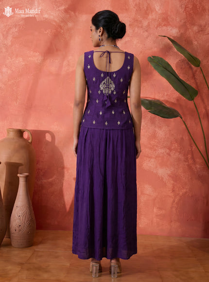 Violet Raw Silk Satin Embroidered Croptop With Draped Skirt And Organza Dupatta