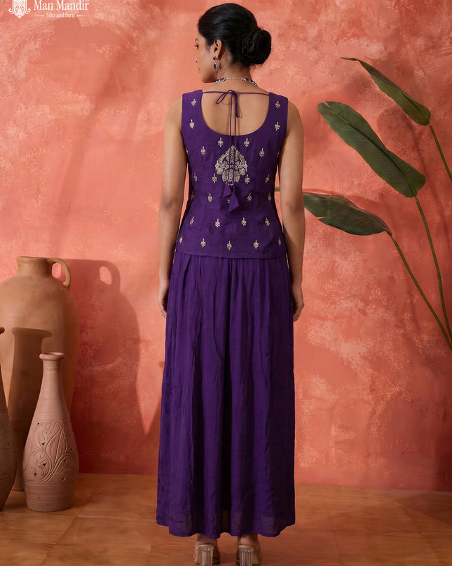 Violet Raw Silk Satin Embroidered Croptop With Draped Skirt And Organza Dupatta