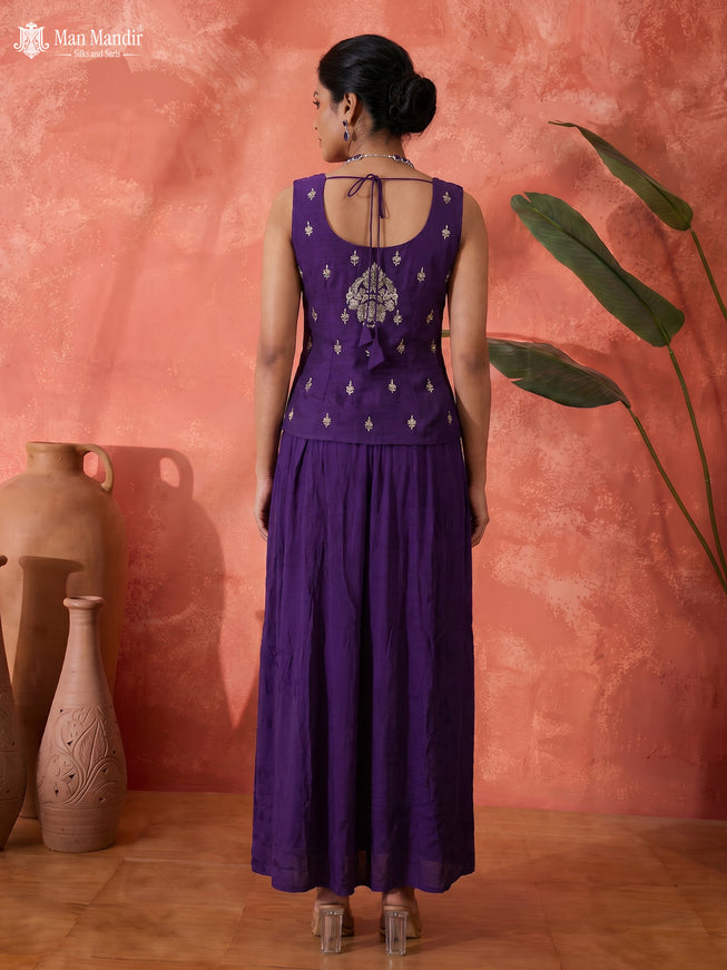 Violet Raw Silk Satin Embroidered Croptop With Draped Skirt And Organza Dupatta