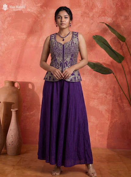 Violet Raw Silk Satin Embroidered Croptop With Draped Skirt And Organza Dupatta