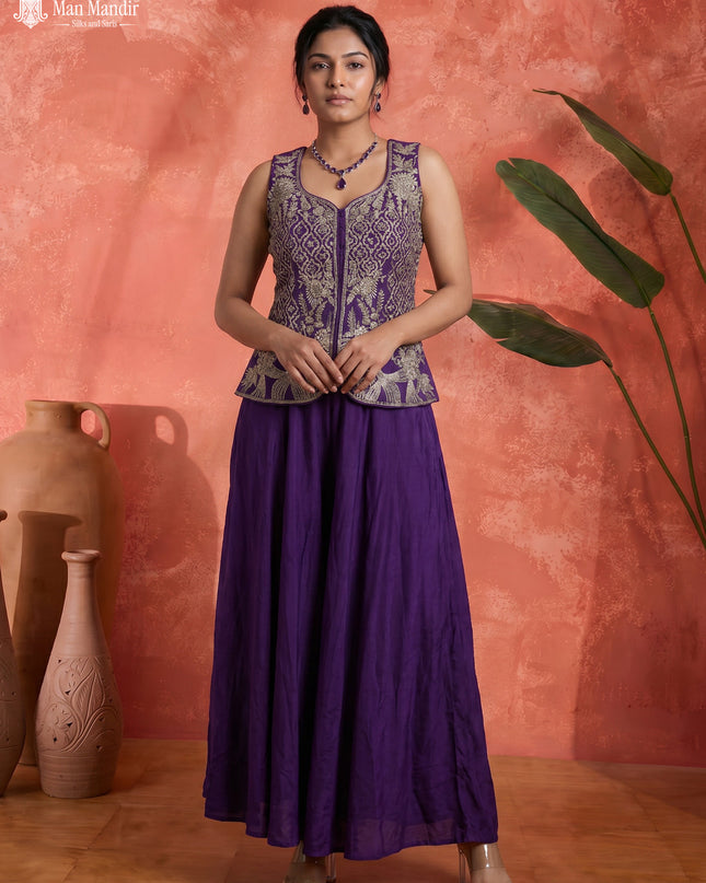 Violet Raw Silk Satin Embroidered Croptop With Draped Skirt And Organza Dupatta