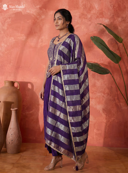 Violet Raw Silk Satin Embroidered Croptop With Draped Skirt And Organza Dupatta