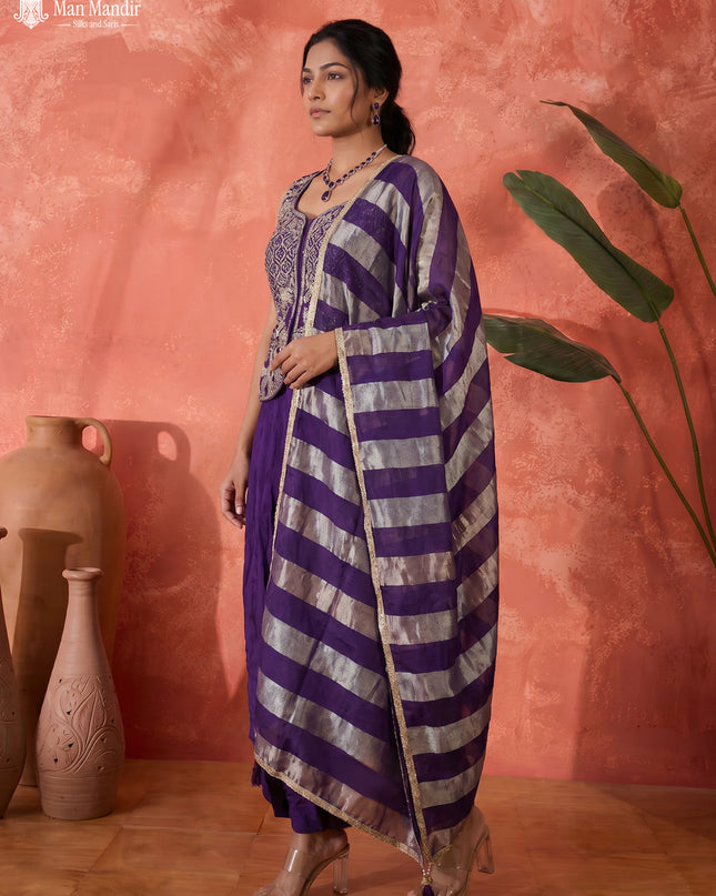 Violet Raw Silk Satin Embroidered Croptop With Draped Skirt And Organza Dupatta