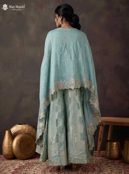Teal Blue Shimmer Tissue Heavy Embroidered Crop Top Palazzo And Dupatta Set