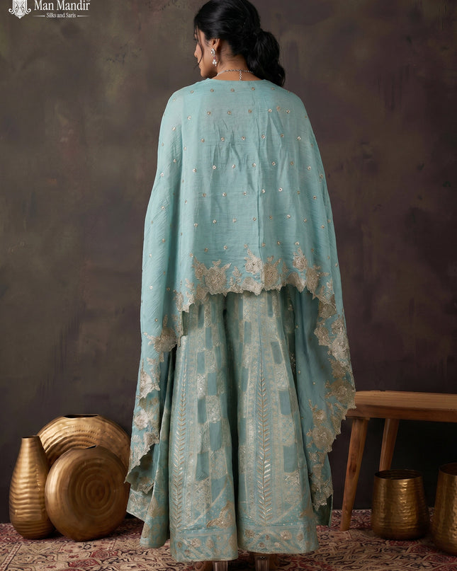 Teal Blue Shimmer Tissue Heavy Embroidered Crop Top Palazzo And Dupatta Set