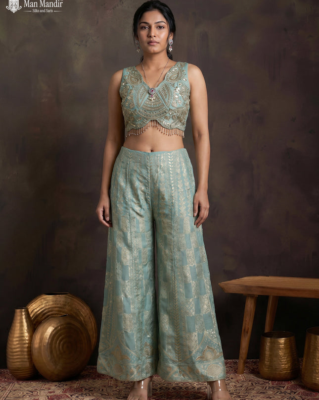 Teal Blue Shimmer Tissue Heavy Embroidered Crop Top Palazzo And Dupatta Set