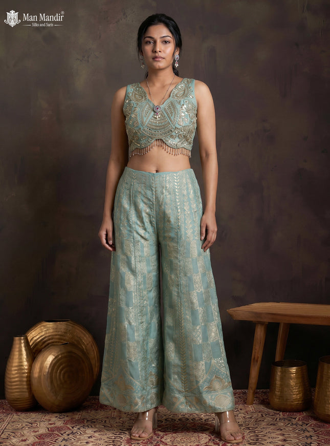 Teal Blue Shimmer Tissue Heavy Embroidered Crop Top Palazzo And Dupatta Set
