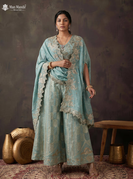 Teal Blue Shimmer Tissue Heavy Embroidered Crop Top Palazzo And Dupatta Set