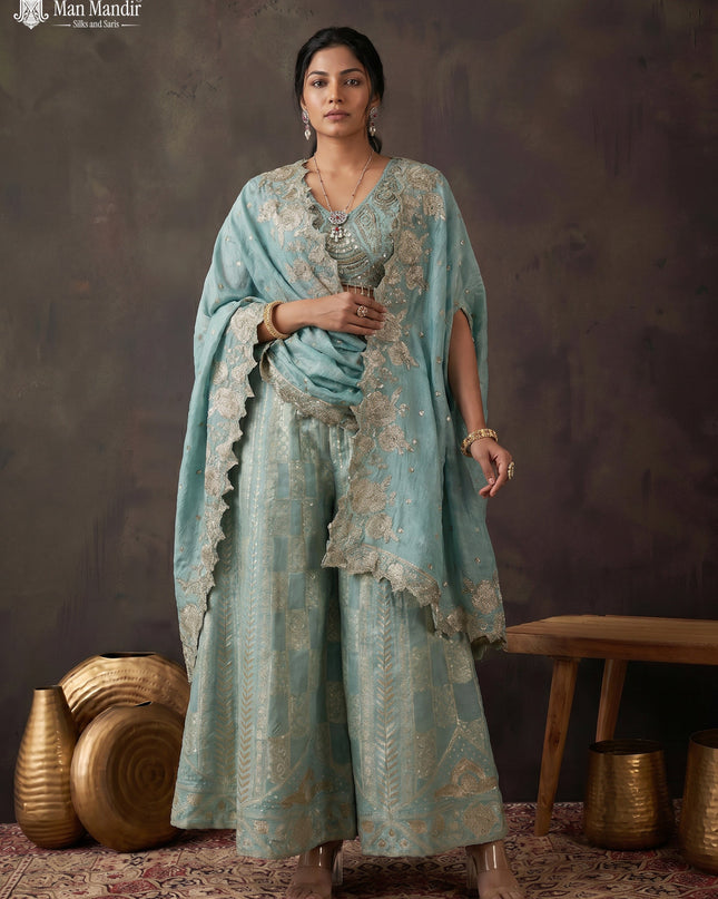 Teal Blue Shimmer Tissue Heavy Embroidered Crop Top Palazzo And Dupatta Set
