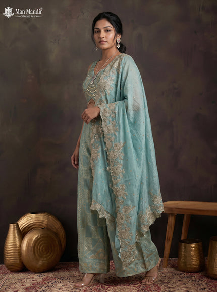 Teal Blue Shimmer Tissue Heavy Embroidered Crop Top Palazzo And Dupatta Set