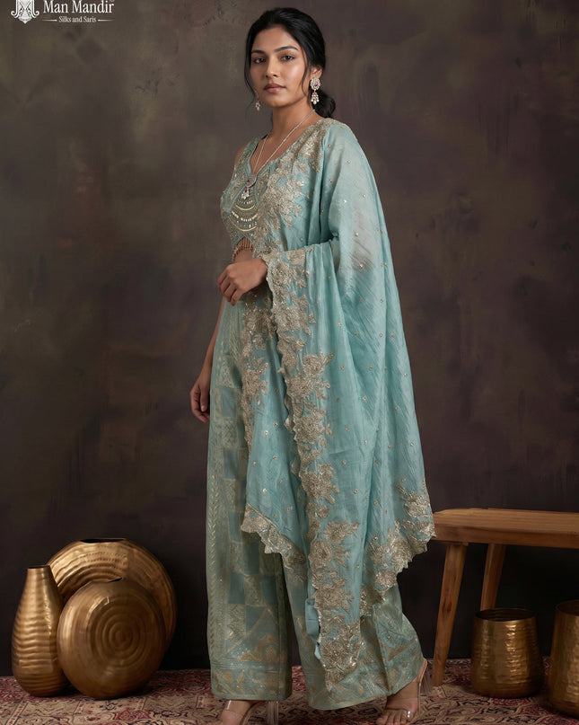 Teal Blue Shimmer Tissue Heavy Embroidered Crop Top Palazzo And Dupatta Set