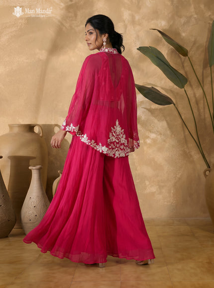 Rani Pink Organza Beaded Crop Top With Cape And Flared Palazzo Pant