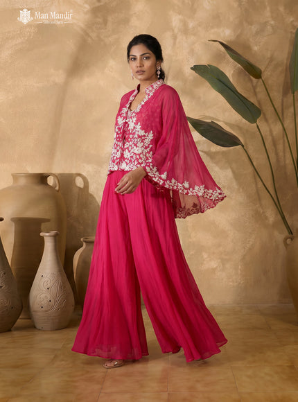 Rani Pink Organza Beaded Crop Top With Cape And Flared Palazzo Pant