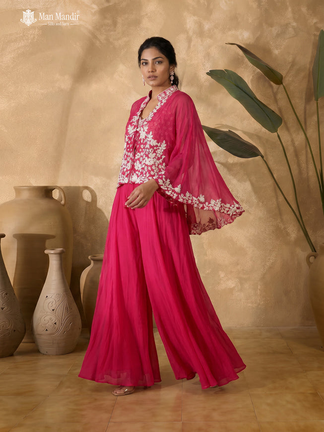 Rani Pink Organza Beaded Crop Top With Cape And Flared Palazzo Pant