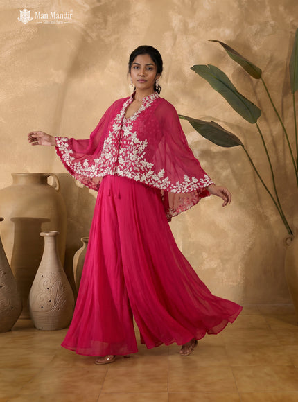Rani Pink Organza Beaded Crop Top With Cape And Flared Palazzo Pant