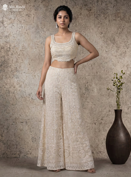 Off White Georgette Beaded Crop Top And Heavy Thread Embroidered Palazzo Pant And Netted Dupatta
