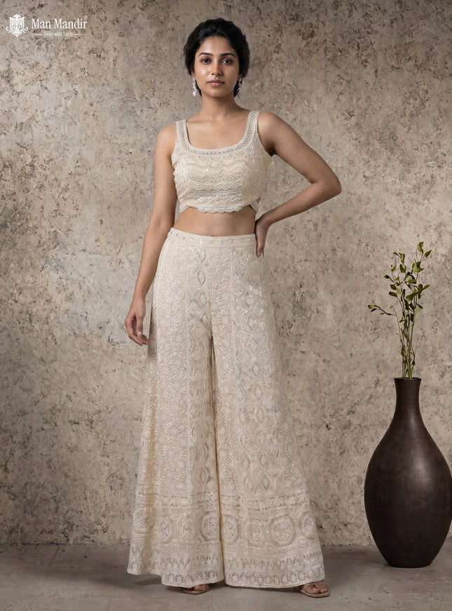 Off White Georgette Beaded Crop Top And Heavy Thread Embroidered Palazzo Pant And Netted Dupatta