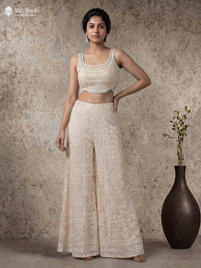 Off White Georgette Beaded Crop Top And Heavy Thread Embroidered Palazzo Pant And Netted Dupatta