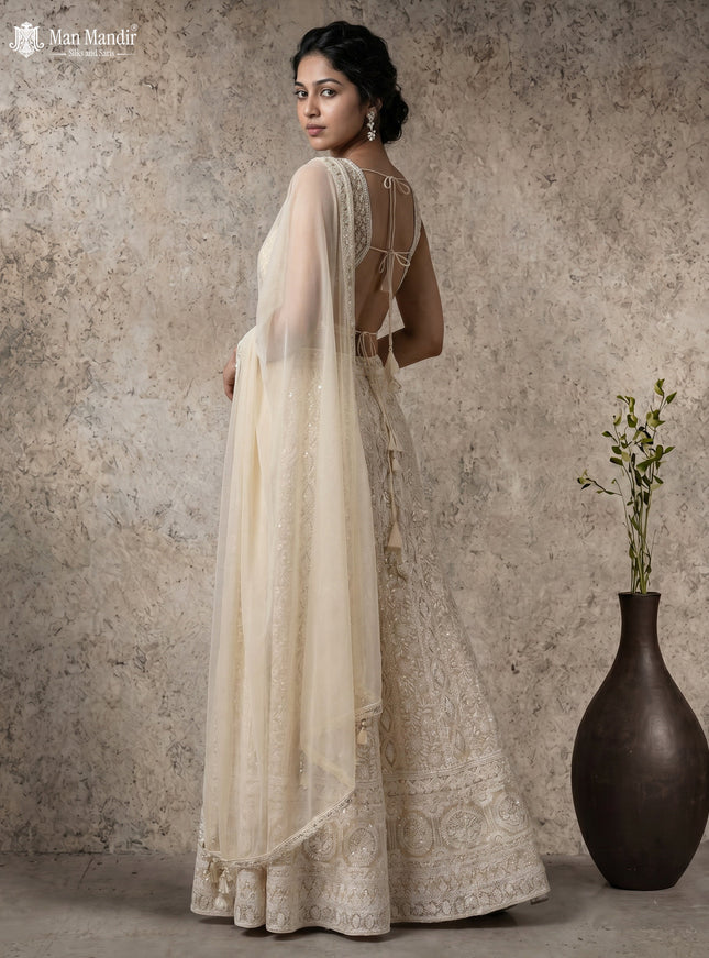 Off White Georgette Beaded Crop Top And Heavy Thread Embroidered Palazzo Pant And Netted Dupatta