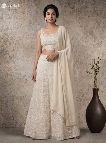Off White Georgette Beaded Crop Top And Heavy Thread Embroidered Palazzo Pant And Netted Dupatta