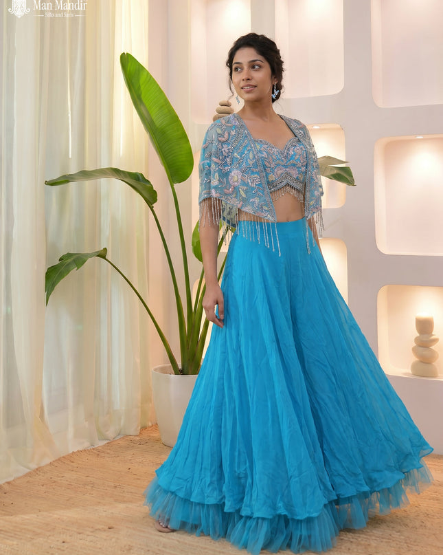 Sky Blue Indo Western Cutdana Netted Croptop With Flared Palazzo Pant