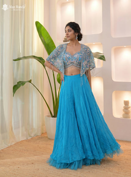 Sky Blue Indo Western Cutdana Netted Croptop With Flared Palazzo Pant