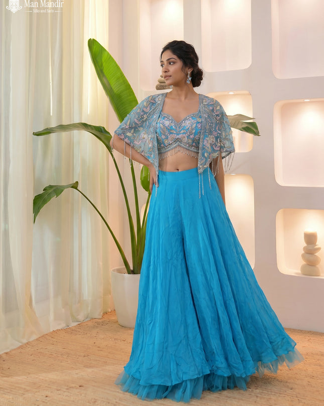 Sky Blue Indo Western Cutdana Netted Croptop With Flared Palazzo Pant