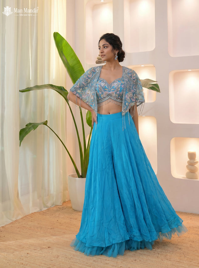 Sky Blue Indo Western Cutdana Netted Croptop With Flared Palazzo Pant